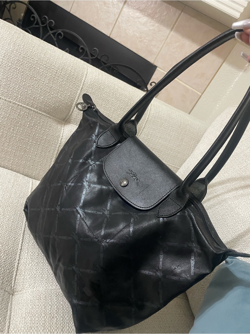 Longchamp Black Leather-Trimmed Tote with Printed Nylon - Picture 2 of 14